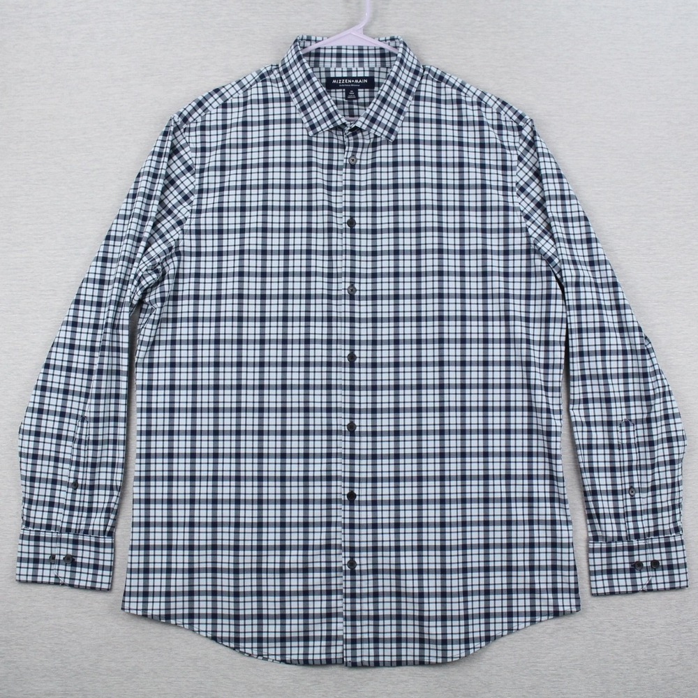 Mizzen & Main Shirt Mens XL Trim Blue Plaid Long Sleeve Button Polyester Stretch